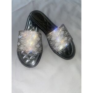 Women's Summer  White -silver Glitter Flat Slipper Slides Slip-On Size 10 Sandal